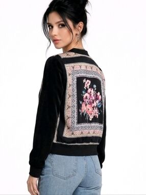 IZ Byer Black Floral Chiffon Open Bomber Style Jacket Size S